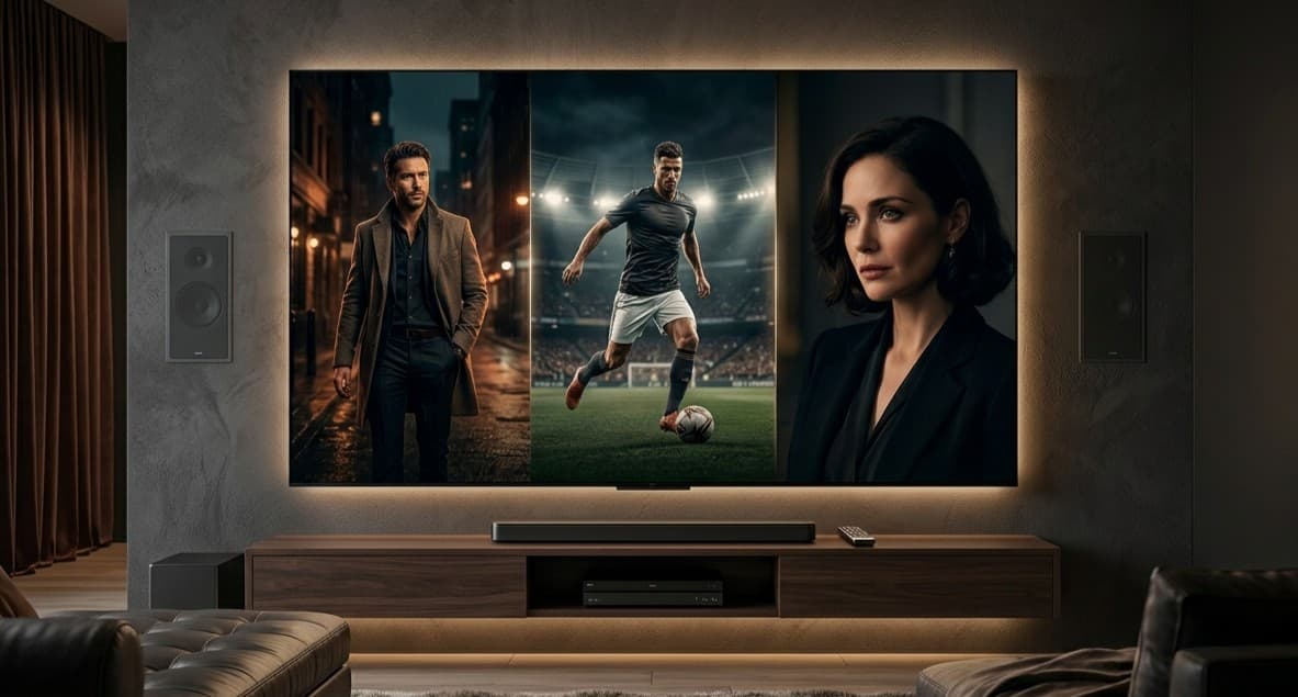 Premium IPTV experience — wall-mounted TV showing cinema, live sport and prestige series in a refined living room